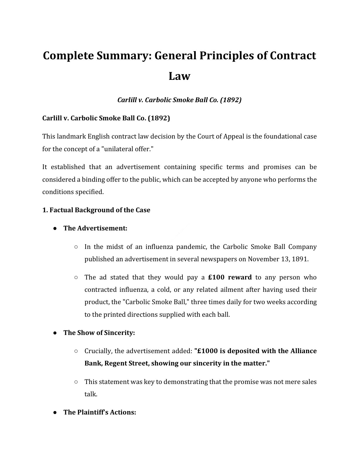 Preview of Carlill V. Carbolic Smoke Ball Co. Notes