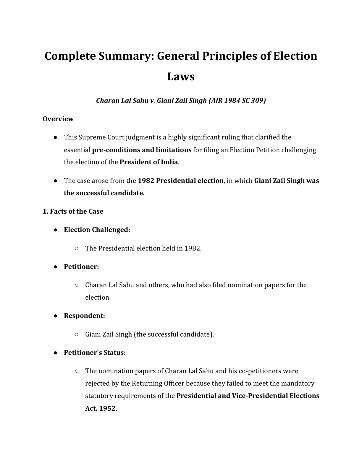 Preview of Charan Lal Sahu V. Giani Zail Singh (Air 1984 Sc 309) Notes