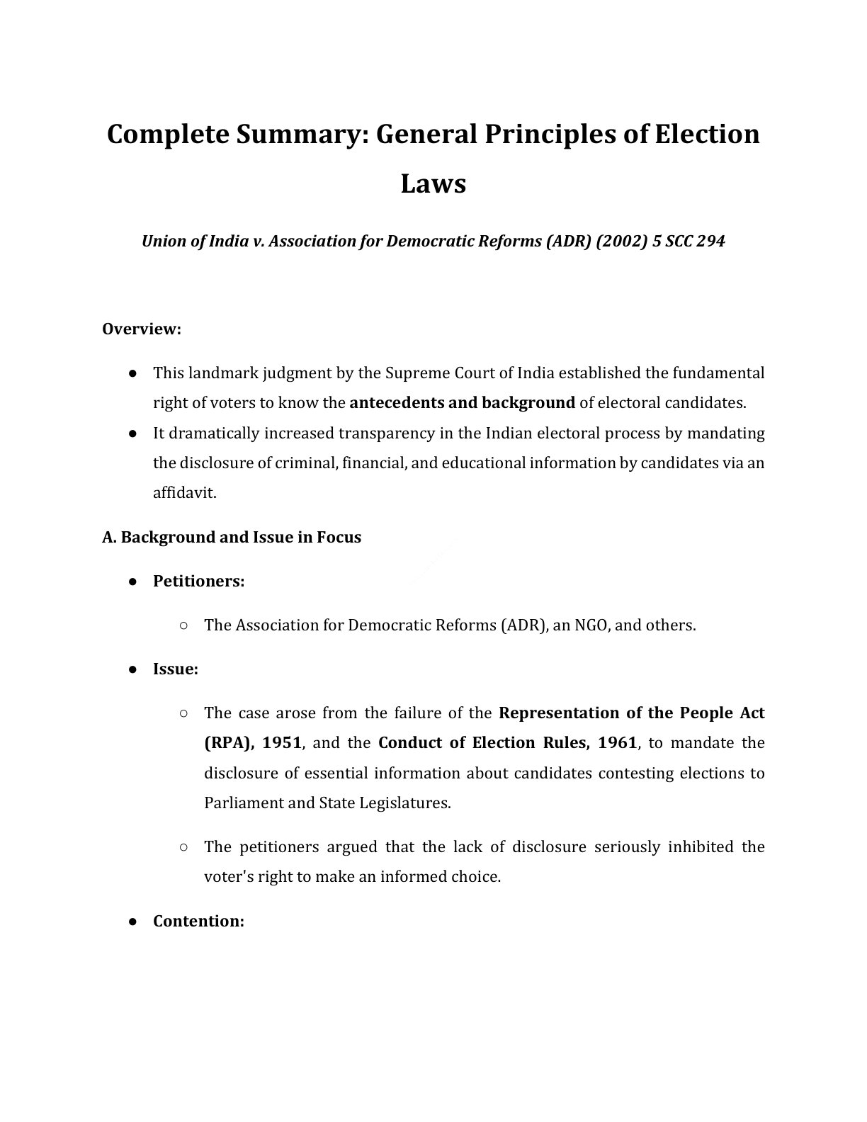 Preview of Electoral Laws - Union Of India V.  Adr