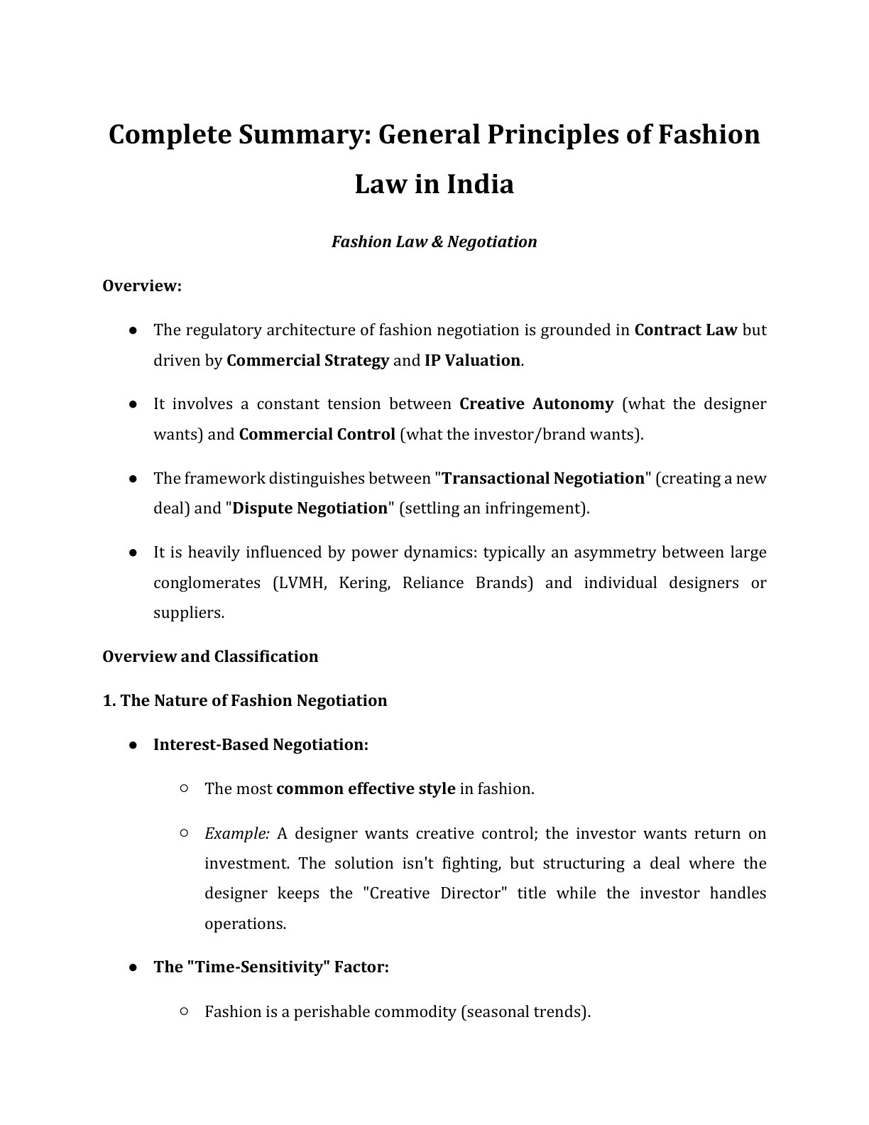 Preview of Fashion Law - Fashion Law  Negotiation