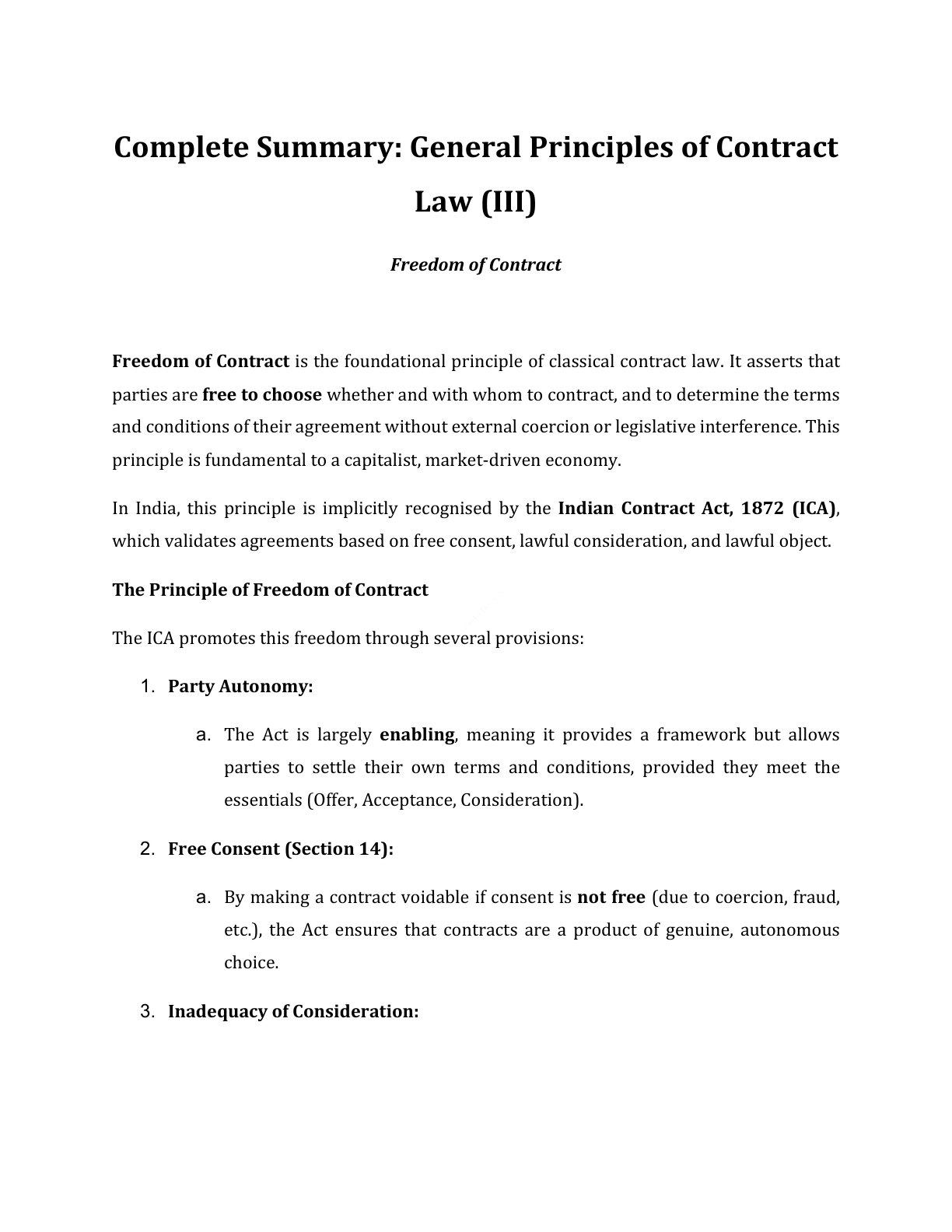 Preview of Freedom Of Contract Notes