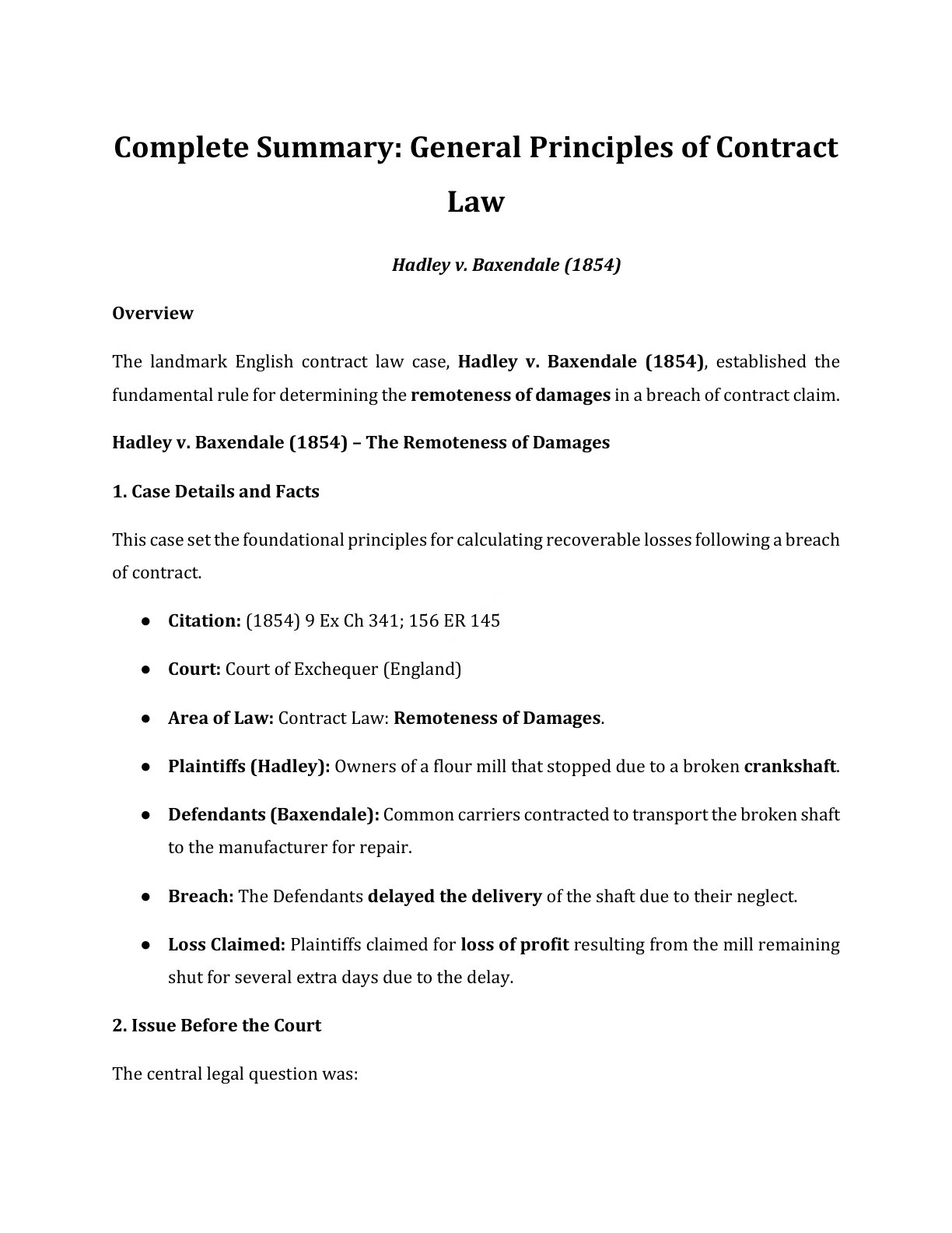 Preview of Hadley V. Baxendale Notes