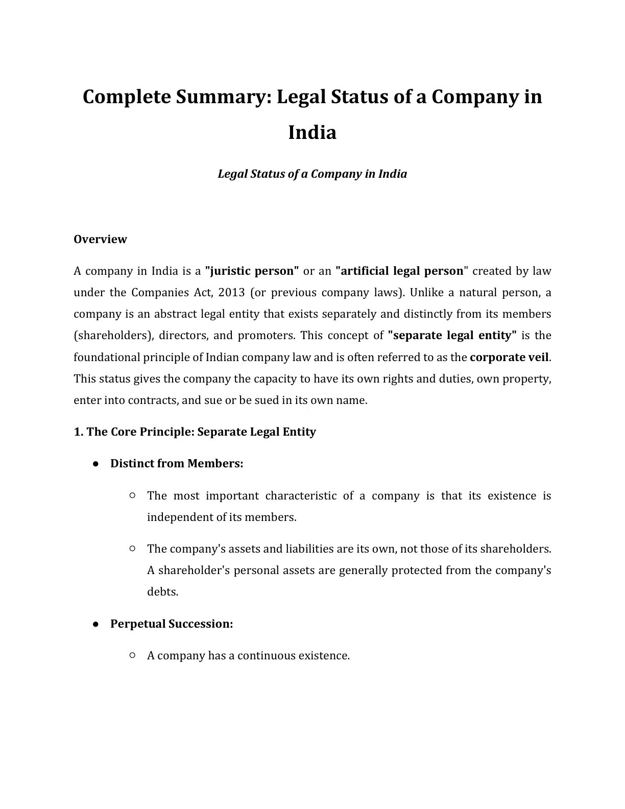 Preview of Legal Status Of A Company In India Notes