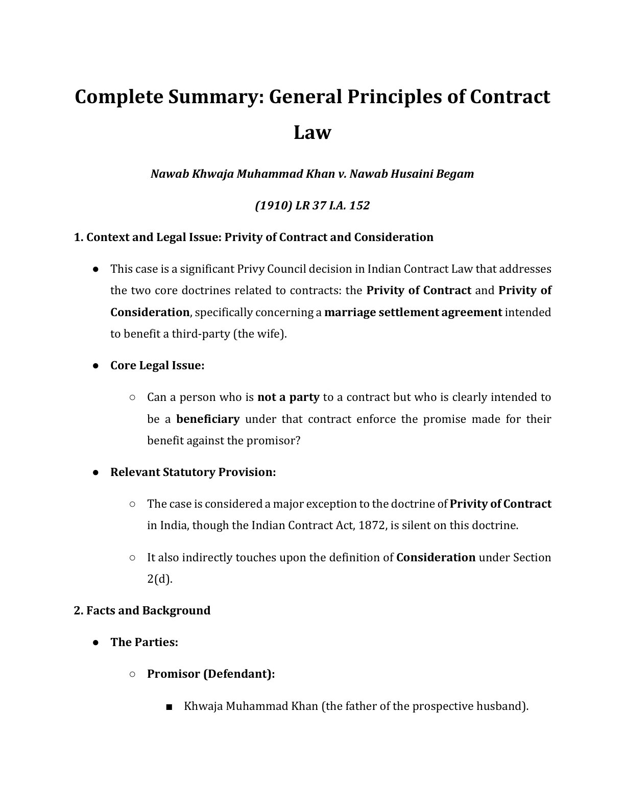 Preview of Nawab Khwaja Muhammad Khan V. Nawab Husaini Begam Notes