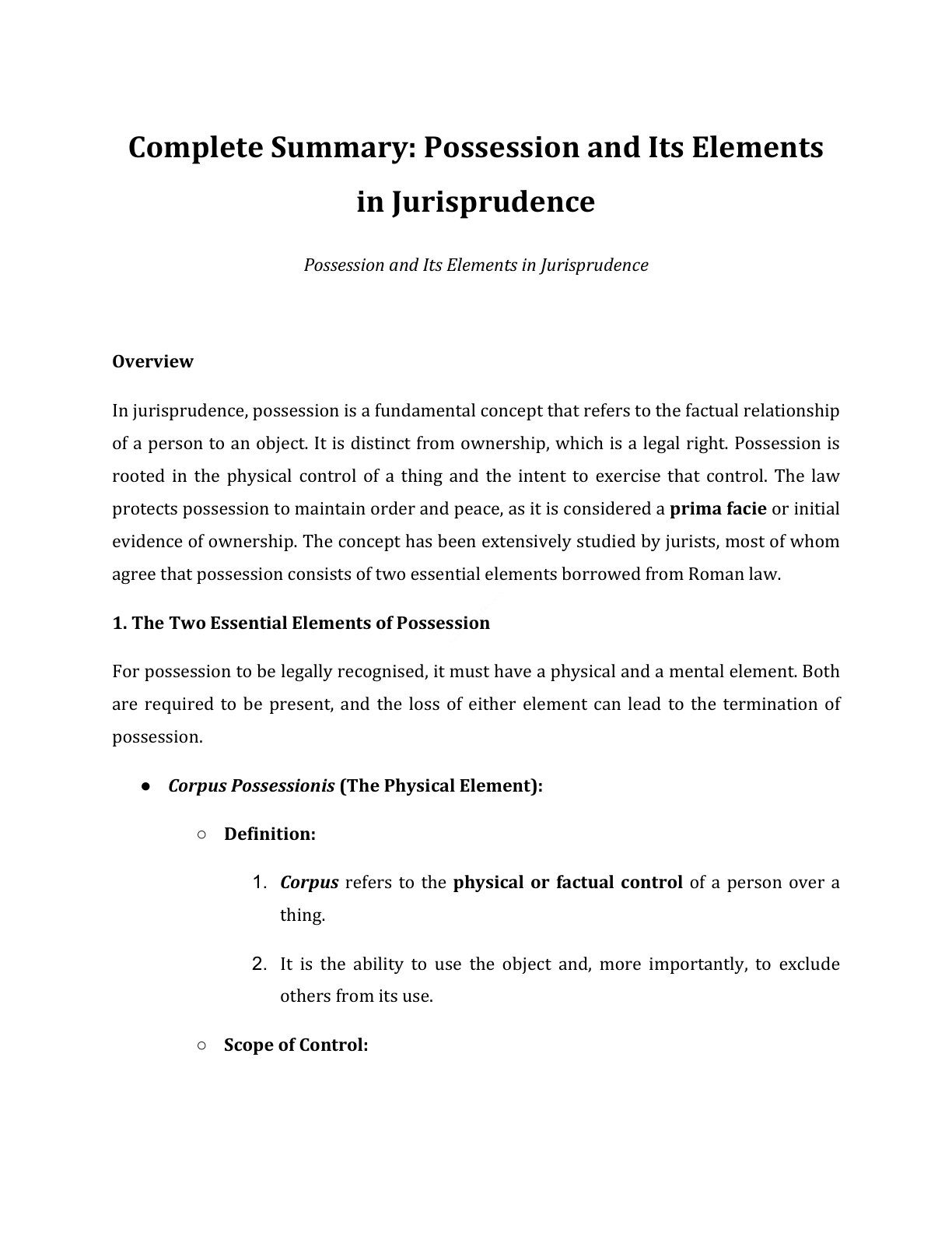 Preview of Possession And Its Elements In Jurisprudence Notes