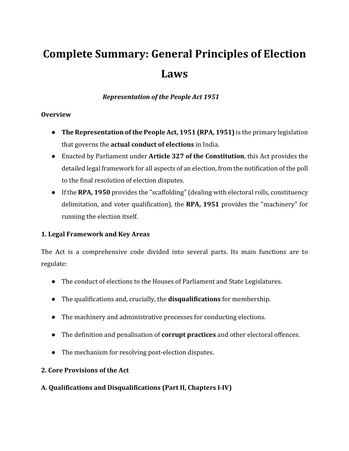 Preview of Representation Of The People Act - Part 1951 Notes
