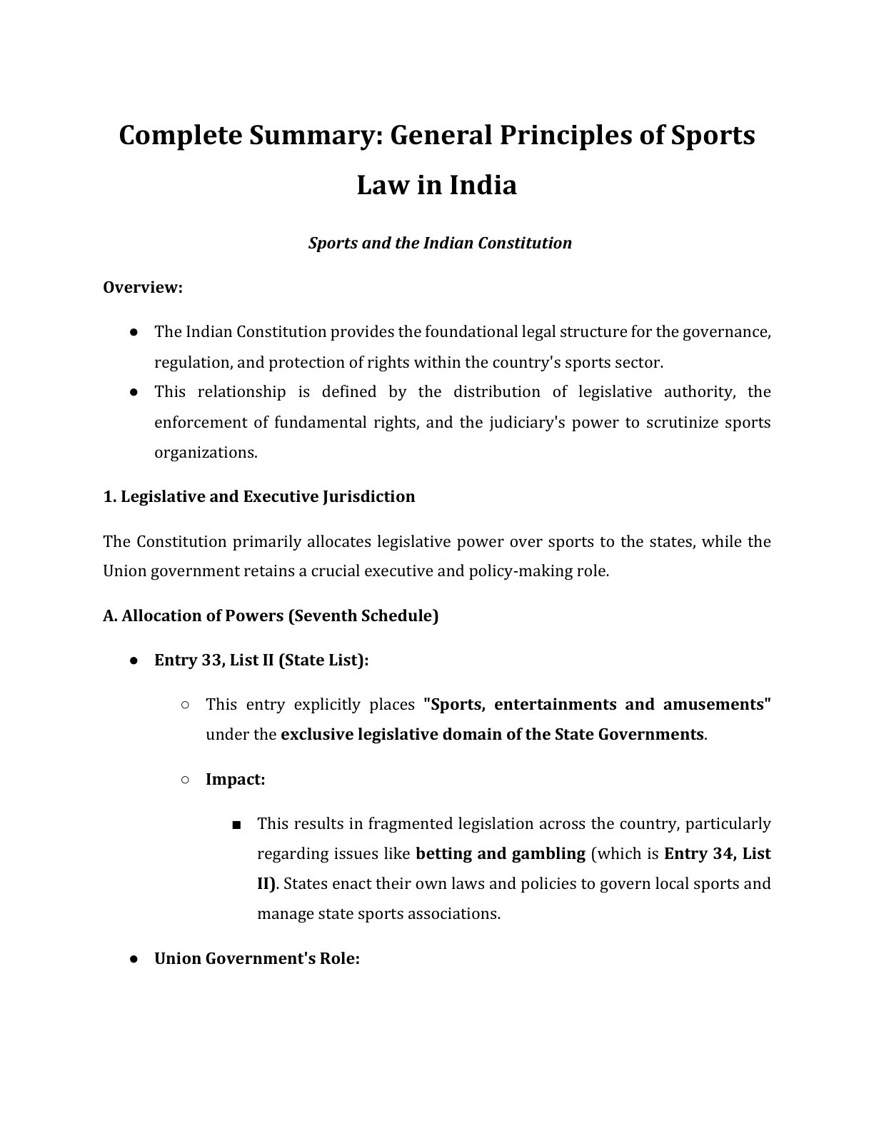 Preview of Sports Law - Sports And The Indian Constitution