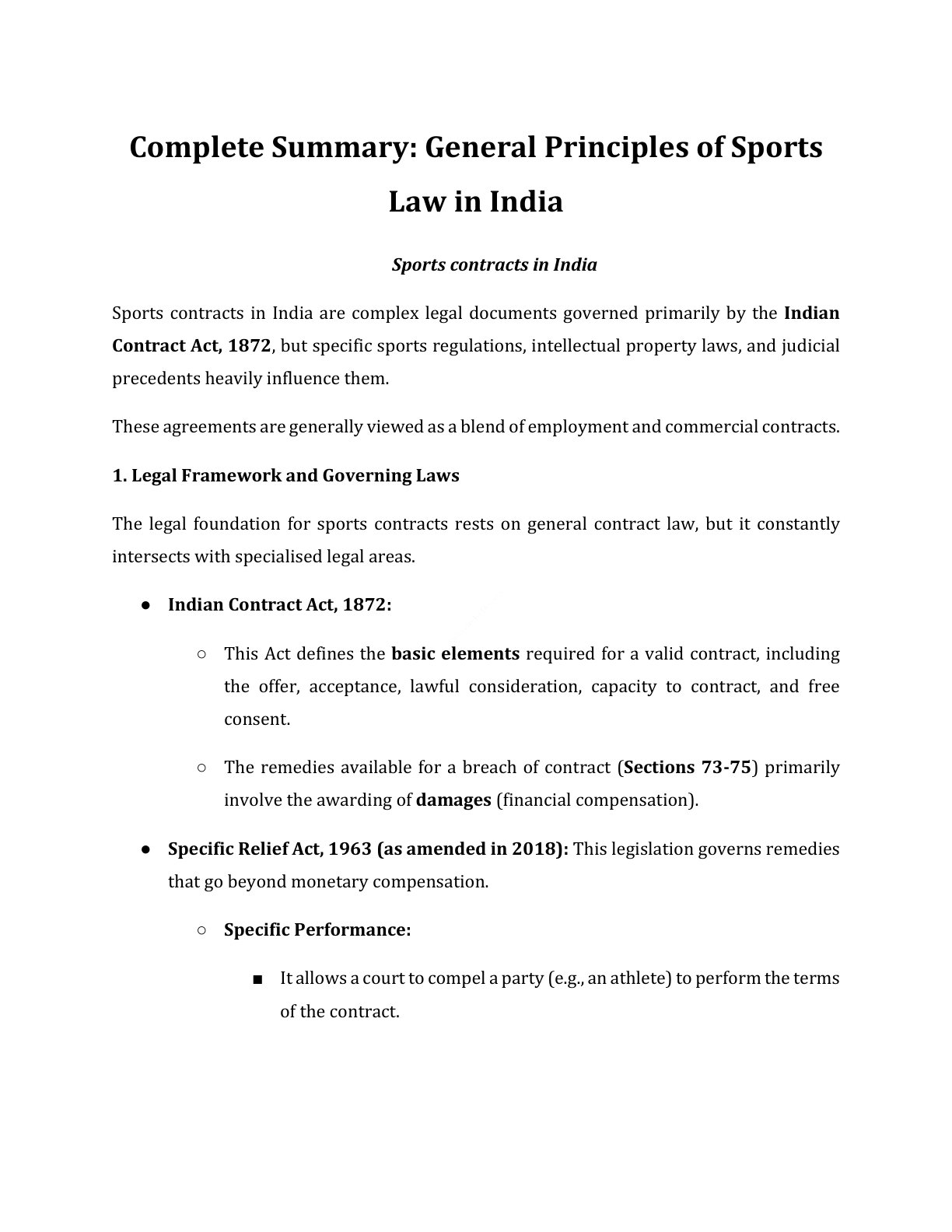 Preview of Sports Law - Sports Contracts In India