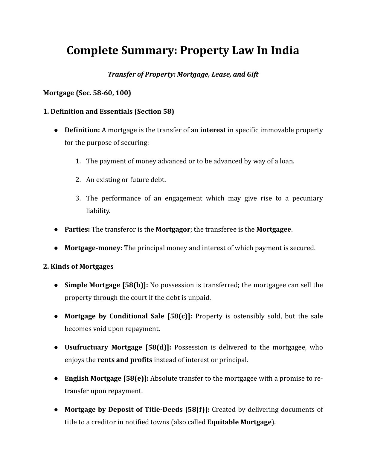 Preview of Transfer Of Property Mortgage Lease And Gift Notes